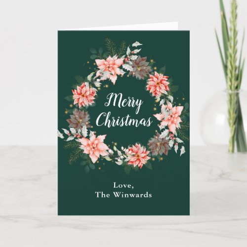 Red Poinsettia Wreath Merry Christmas Holiday Card