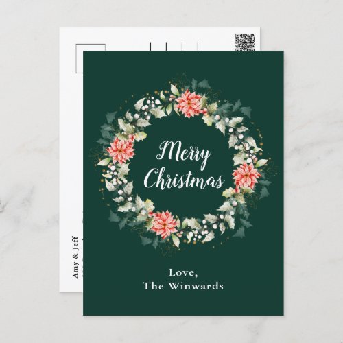 Red Poinsettia Wreath Merry Christmas Holiday Postcard