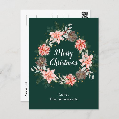 Red Poinsettia Wreath Merry Christmas Holiday Postcard