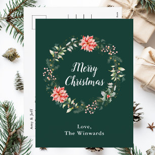 Red Poinsettia Wreath Merry Christmas Holiday Postcard