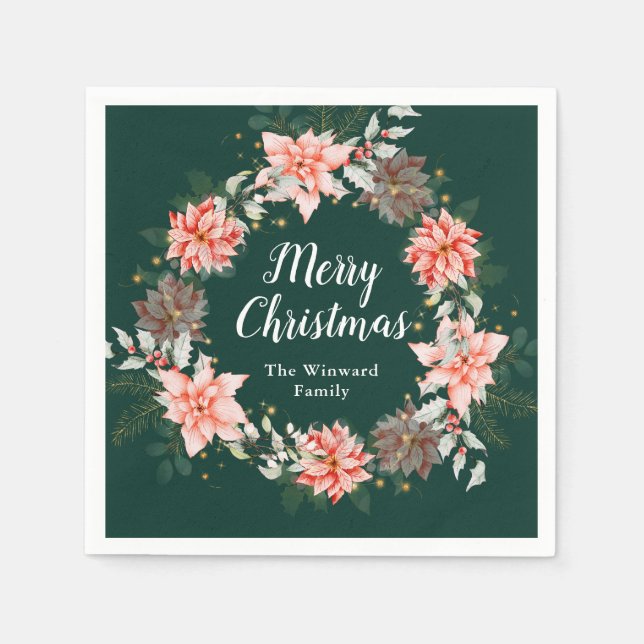 Red Poinsettia Wreath Merry Christmas Napkins (Front)