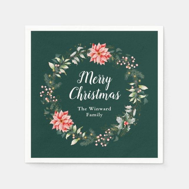Red Poinsettia Wreath Merry Christmas Napkins (Front)
