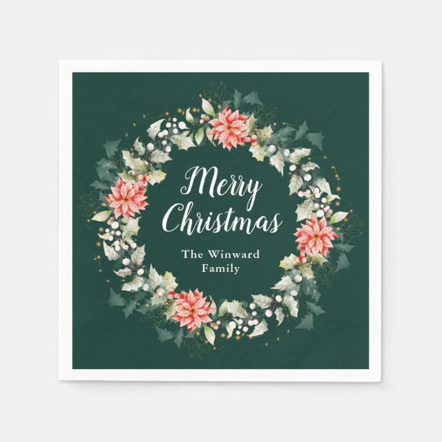 Red Poinsettia Wreath Merry Christmas Napkins (Front)