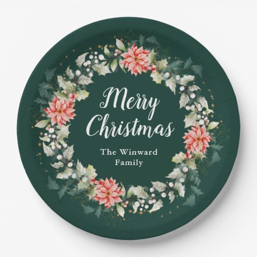 Red Poinsettia Wreath Merry Christmas Paper Plates