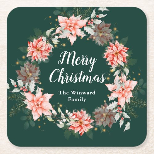 Red Poinsettia Wreath Merry Christmas Square Paper Coaster
