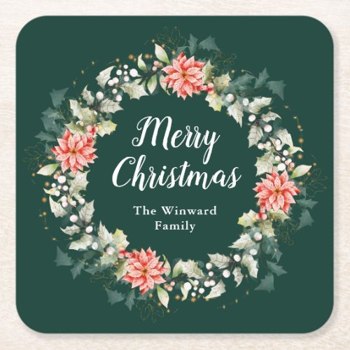 Red Poinsettia Wreath Merry Christmas Square Paper Coaster