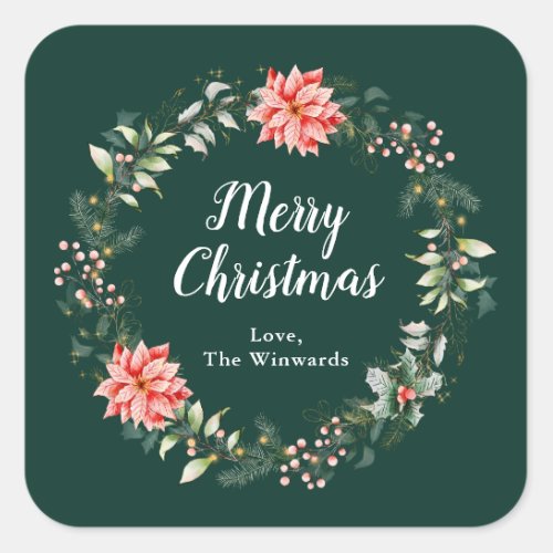 Red Poinsettia Wreath Merry Christmas Square Sticker