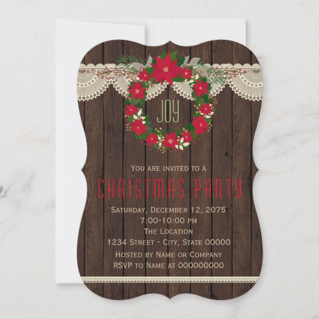 Red Poinsettia Wreath Rustic Christmas Party Invitation (Front)