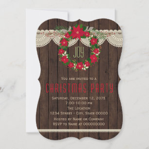 Red Poinsettia Wreath Rustic Christmas Party Invitation