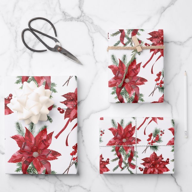 Red Poinsettias And Bows Wrapping Paper Sheets (Front)