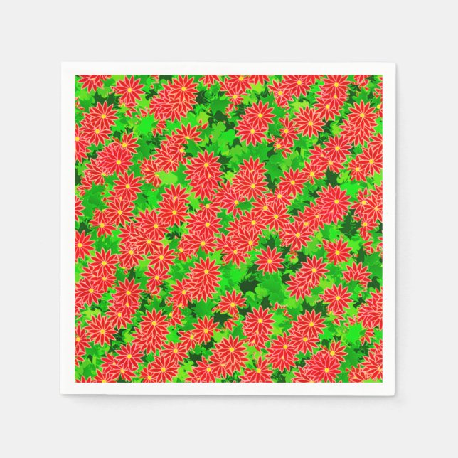 Red Poinsettias and Green Holly Paper Napkins (Front)