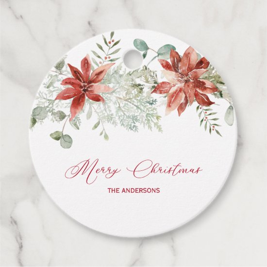 Red Poinsettias and Greenery Christmas Favor Tags