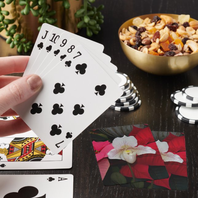 Red Poinsettias and Lady Slipper Orchid Floral Poker Cards (In Situ)