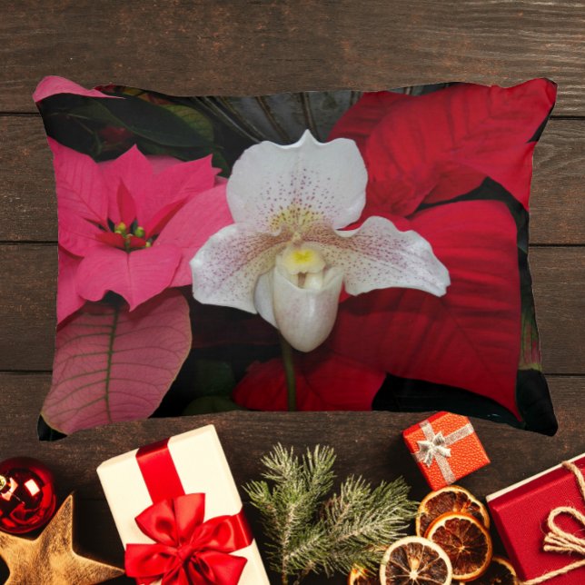 Red Poinsettias and Lady Slipper Orchid Holiday Accent Pillow (In Situ)