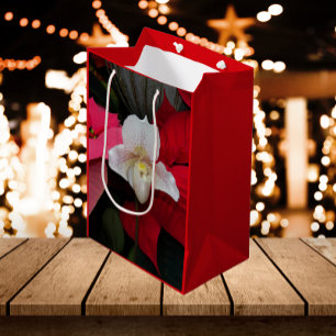 Red Poinsettias and Lady Slipper Orchid Holiday Medium Gift Bag