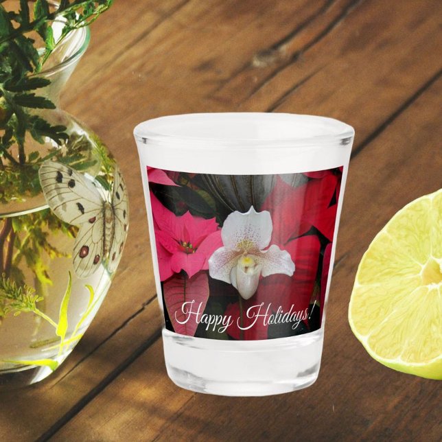 Red Poinsettias and Lady Slipper Orchid Holiday Shot Glass (In Situ)