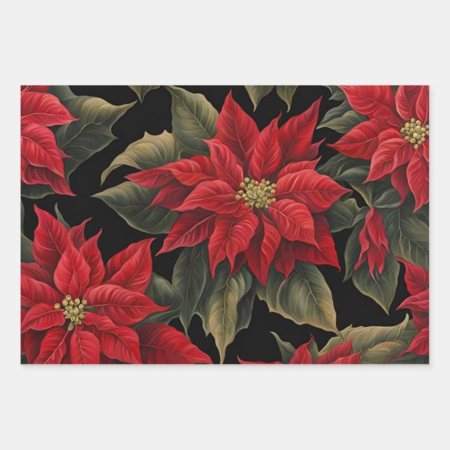 Red Poinsettias Black Christmas Flowers Wrapping Paper Sheets (Front)