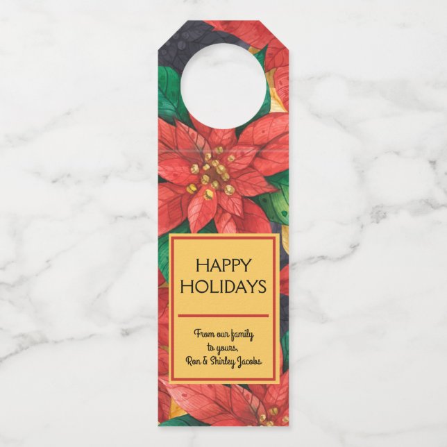 Red Poinsettias Christmas Floral Bottle Hanger Tag (Front)