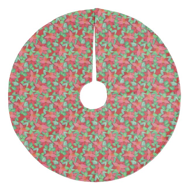 Red Poinsettias Christmas Flowers Pattern Pretty Fleece Tree Skirt (Front)