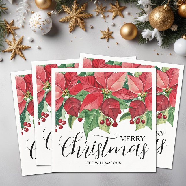 Red Poinsettias Christmas Napkins (Red Poinsettias Christmas Cocktail Napkins)