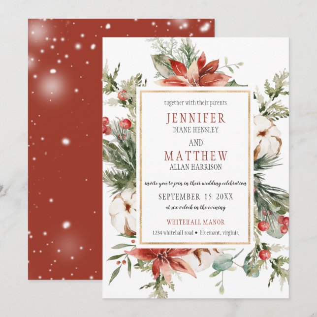 Red Poinsettias Evergreen Branches Gold Wedding |  Invitation (Front/Back)