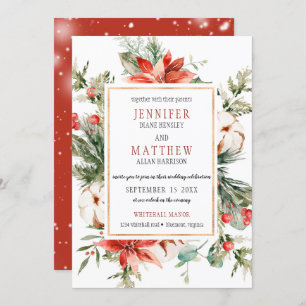 Red Poinsettias Evergreen Branches Gold Wedding Invitation