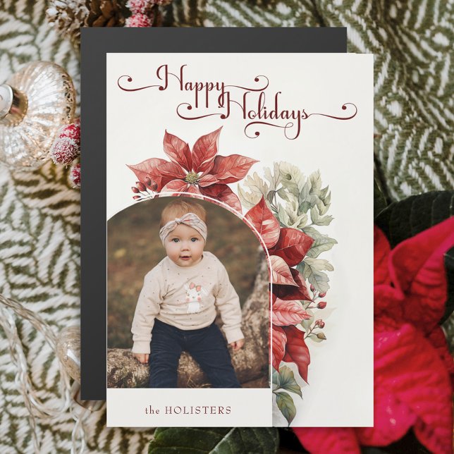 Red Poinsettias Happy Holidays Script Arch Photo  (Creator Uploaded)