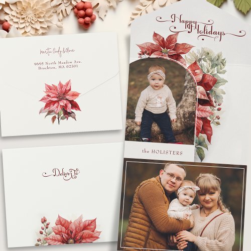 Red Poinsettias Happy Holidays Script Arch Photo  All In One Invitation