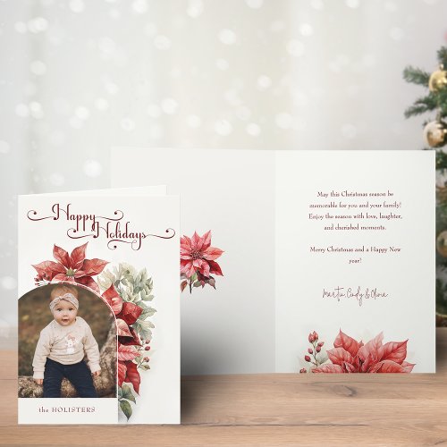 Red Poinsettias Happy Holidays Script Arch Photo  Holiday Card