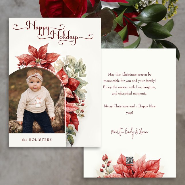 Red Poinsettias Happy Holidays Script Arch Photo  Holiday Card (Creator Uploaded)