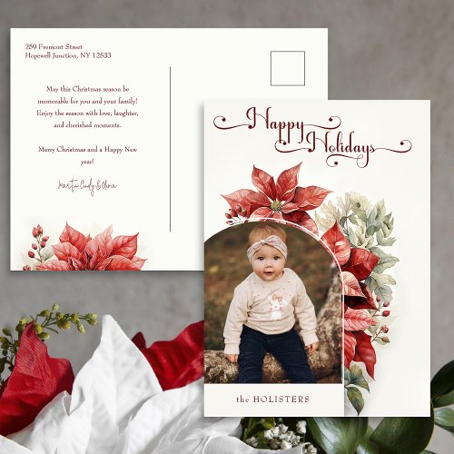 Red Poinsettias Happy Holidays Script Arch Photo  Holiday Postcard