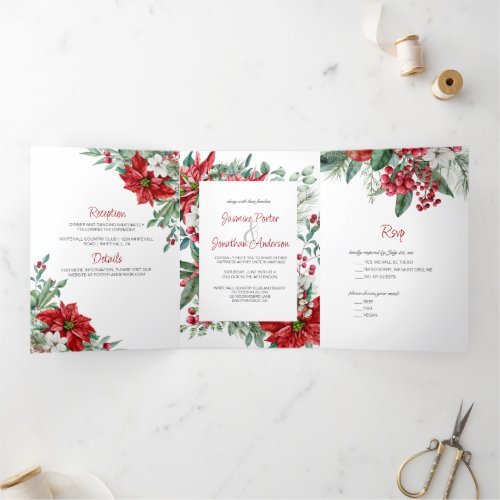 Red Poinsettias Holly Berries Christmas Wedding Tri_Fold Invitation