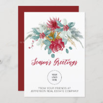 Red Poinsettias Holly Company Logo Business Holiday Card