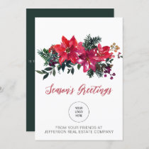 Red Poinsettias Holly Company Logo Business Holiday Card