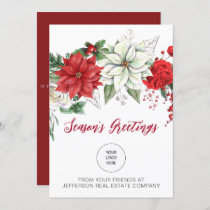 Red Poinsettias Holly Company Logo Business  Holiday Card