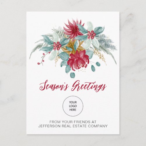 Red Poinsettias Holly Company Logo Business   Holiday Postcard