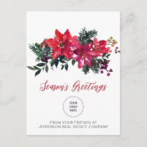 Red Poinsettias Holly Company Logo Business  Holiday Postcard