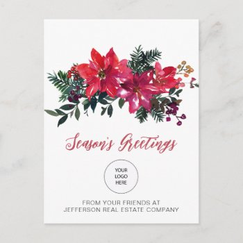 Red Poinsettias Holly Company Logo Business  Holiday Postcard by XmasMall at Zazzle
