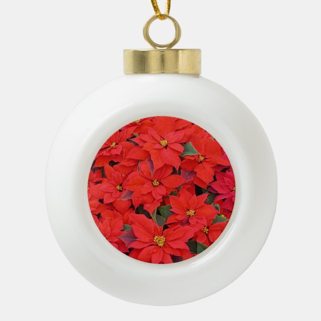 Red Poinsettias I Christmas Holiday Floral Photo Ceramic Ball Christmas Ornament (Front)