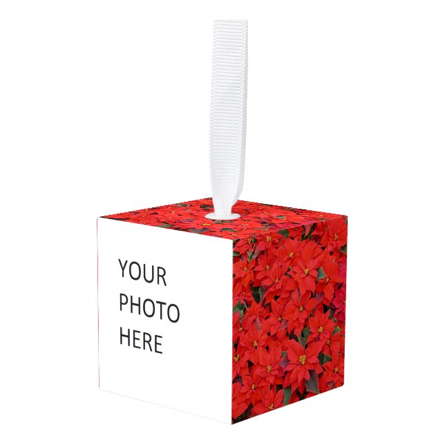 Red Poinsettias I Christmas Holiday Floral Photo Cube Ornament (Front Angled)