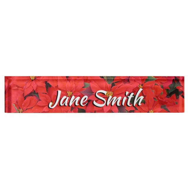 Red Poinsettias I Christmas Holiday Floral Photo Desk Name Plate (Front)