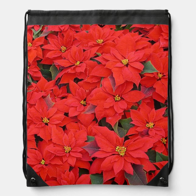 Red Poinsettias I Christmas Holiday Floral Photo Drawstring Bag (Front)