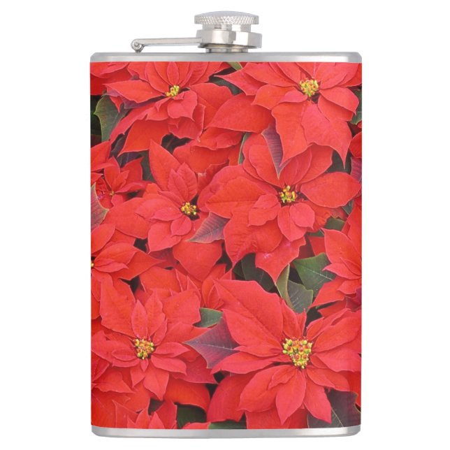 Red Poinsettias I Christmas Holiday Floral Photo Flask (Front)