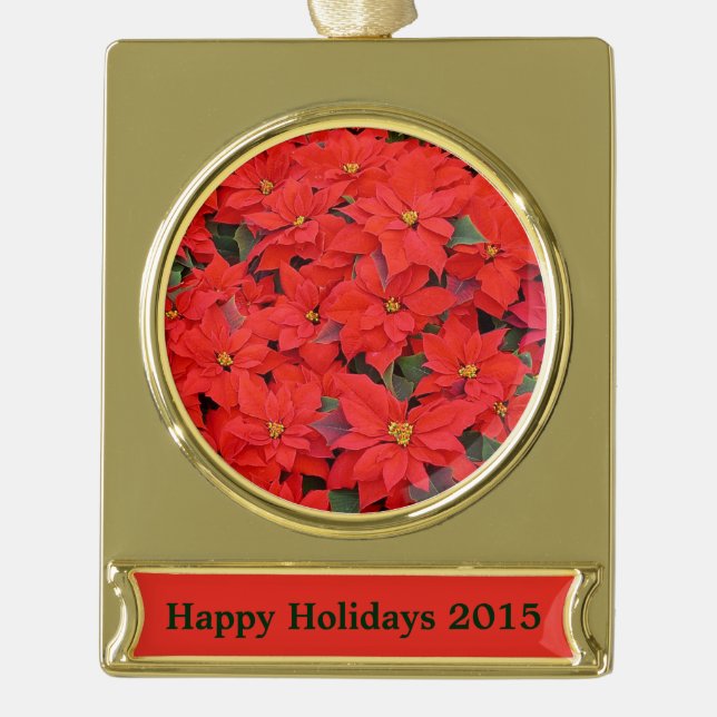 Red Poinsettias I Christmas Holiday Floral Photo Gold Plated Banner Ornament (Front)