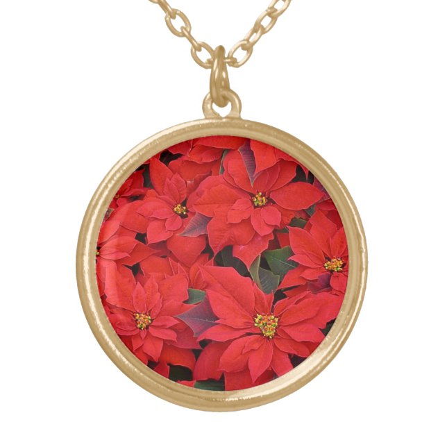 Red Poinsettias I Christmas Holiday Floral Photo Gold Plated Necklace (Front)