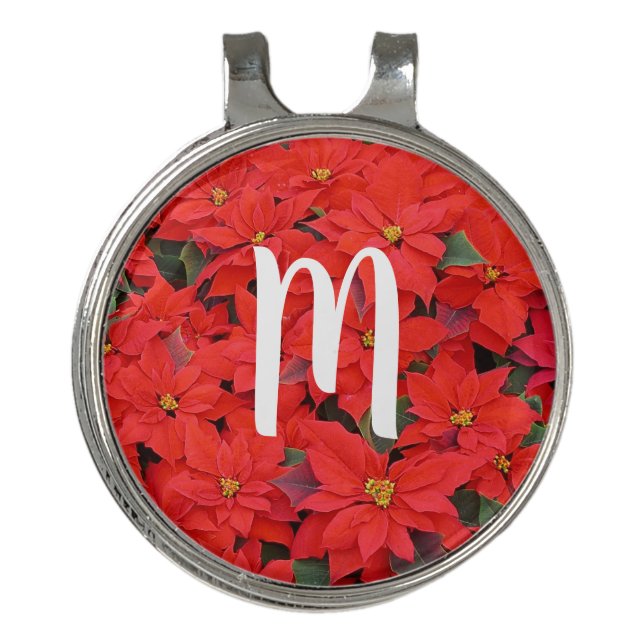 Red Poinsettias I Christmas Holiday Floral Photo Golf Hat Clip (Front)