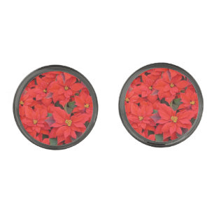 Red Poinsettias I Christmas Holiday Floral Photo Gunmetal Finish Cufflinks