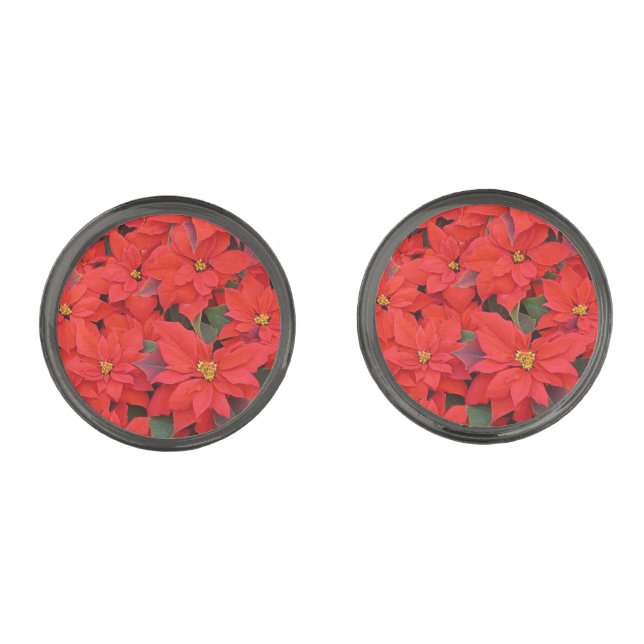 Red Poinsettias I Christmas Holiday Floral Photo Gunmetal Finish Cufflinks (Front)