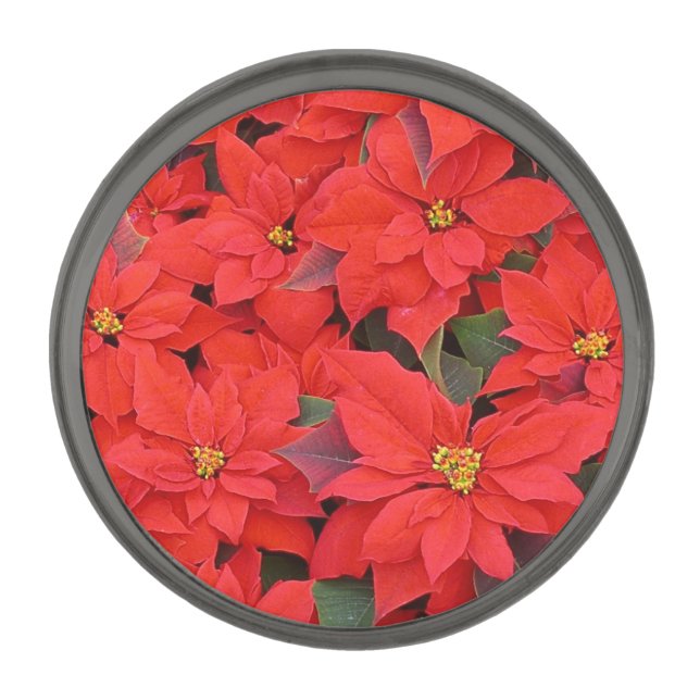 Red Poinsettias I Christmas Holiday Floral Photo Gunmetal Finish Lapel Pin (Front)