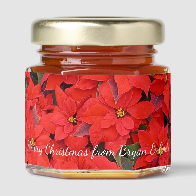 Red Poinsettias I Christmas Holiday Floral Photo Honey Jar Favors (Front)